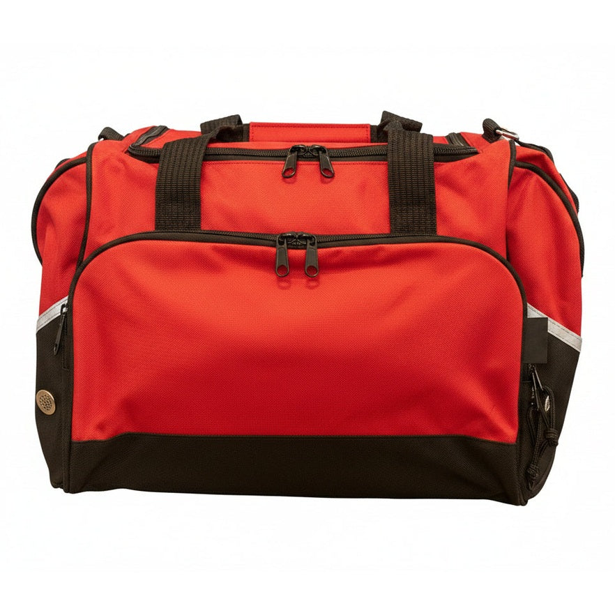 A duffel bag in olive green and black, featuring dual top handles, a front zippered pocket, and reflective side stripes, shown against a plain white background.